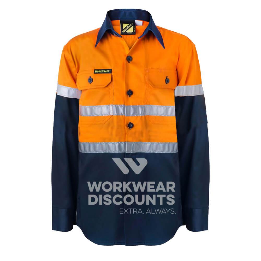 WorkCraft WSK125 Kids Hi-Vis Taped Cotton Drill Shirt Long Sleeve Orange Navy Front