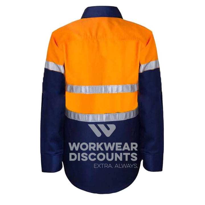 WorkCraft WSK125 Kids Hi-Vis Taped Cotton Drill Shirt Long Sleeve Orange Navy Back