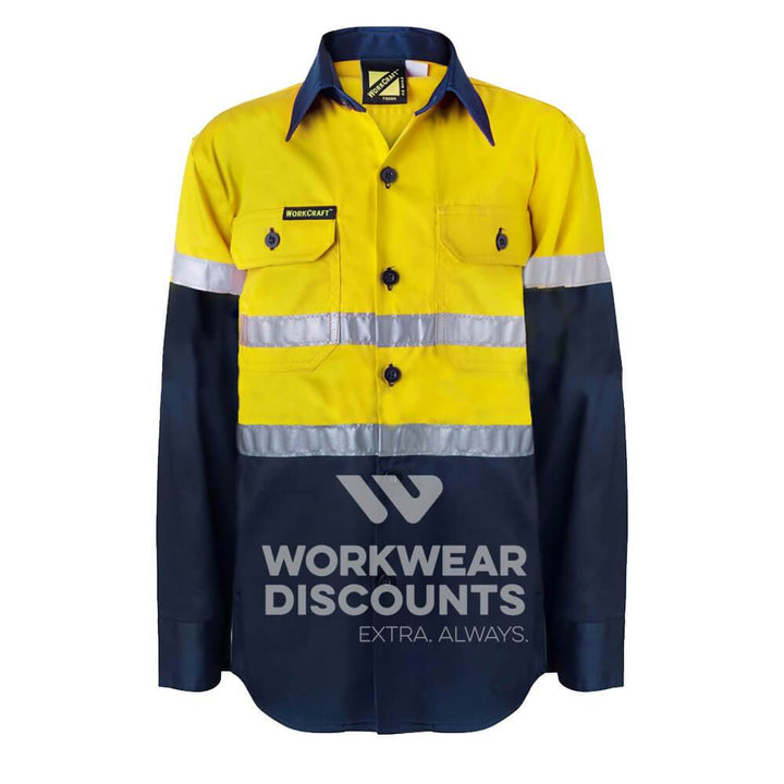WorkCraft WSK125 Kids Hi-Vis Taped Cotton Drill Shirt Long Sleeve Yellow Navy Front
