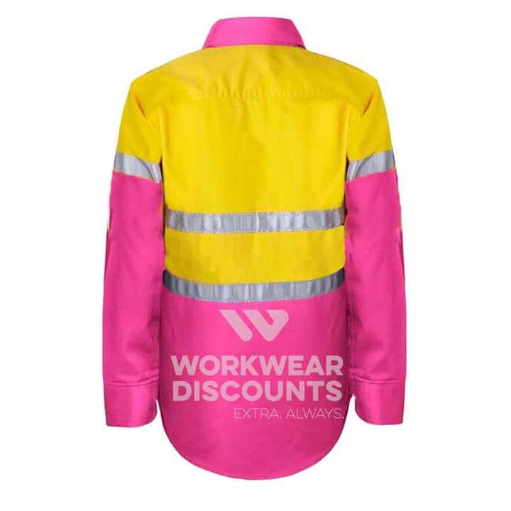 WorkCraft WSK125 Kids Hi-Vis Taped Cotton Drill Shirt Long Sleeve Yellow Pink Back