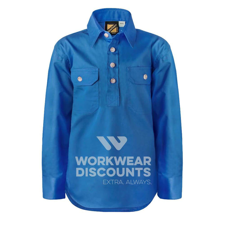 WorkCraft WSK131 Kids Lightweight Half Placket Cotton Drill Shirt Long Sleeve Cobalt Front