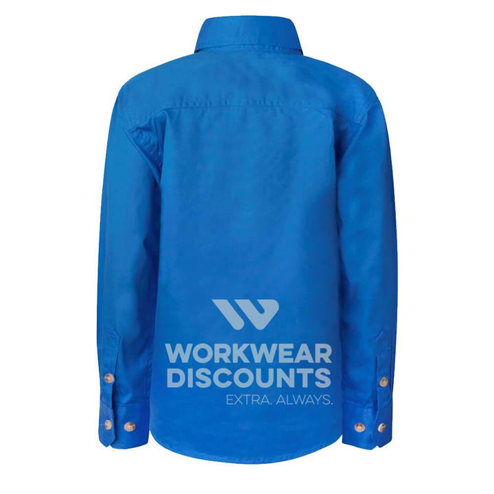 WorkCraft WSK131 Kids Lightweight Half Placket Cotton Drill Shirt Long Sleeve Cobalt Back