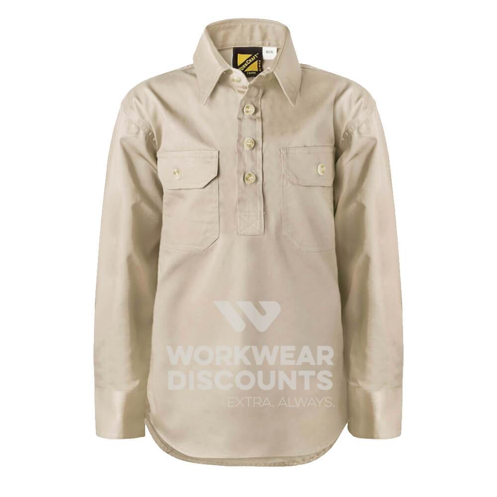 WorkCraft WSK131 Kids Lightweight Half Placket Cotton Drill Shirt Long Sleeve Cream Front
