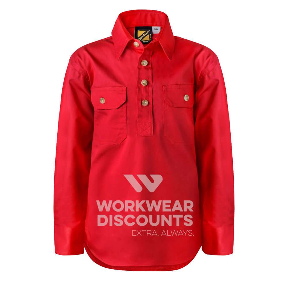 WorkCraft WSK131 Kids Lightweight Half Placket Cotton Drill Shirt Long Sleeve Crimson Front