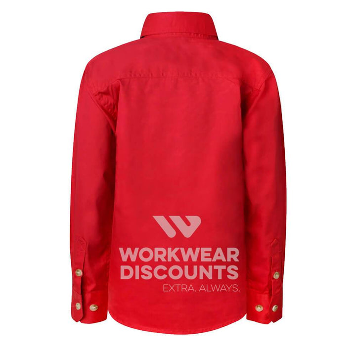 WorkCraft WSK131 Kids Lightweight Half Placket Cotton Drill Shirt Long Sleeve Crimson Back