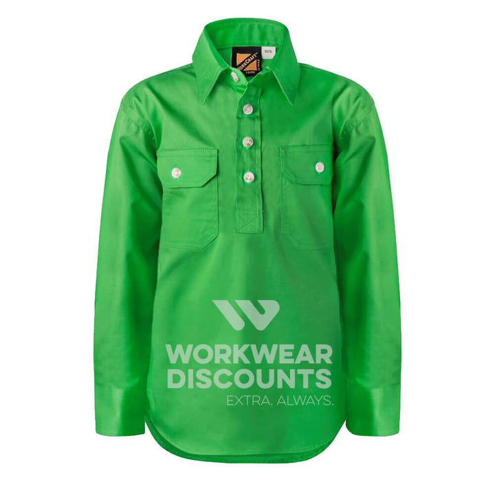 WorkCraft WSK131 Kids Lightweight Half Placket Cotton Drill Shirt Long Sleeve Green Front