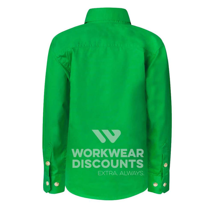 WorkCraft WSK131 Kids Lightweight Half Placket Cotton Drill Shirt Long Sleeve Green Back