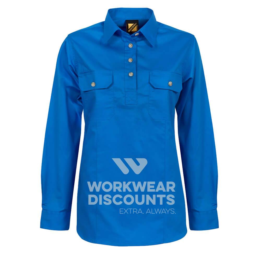 WorkCraft WSL505 Ladies Lightweight Half Placket Cotton Drill Shirt Long Sleeve Cobalt Front