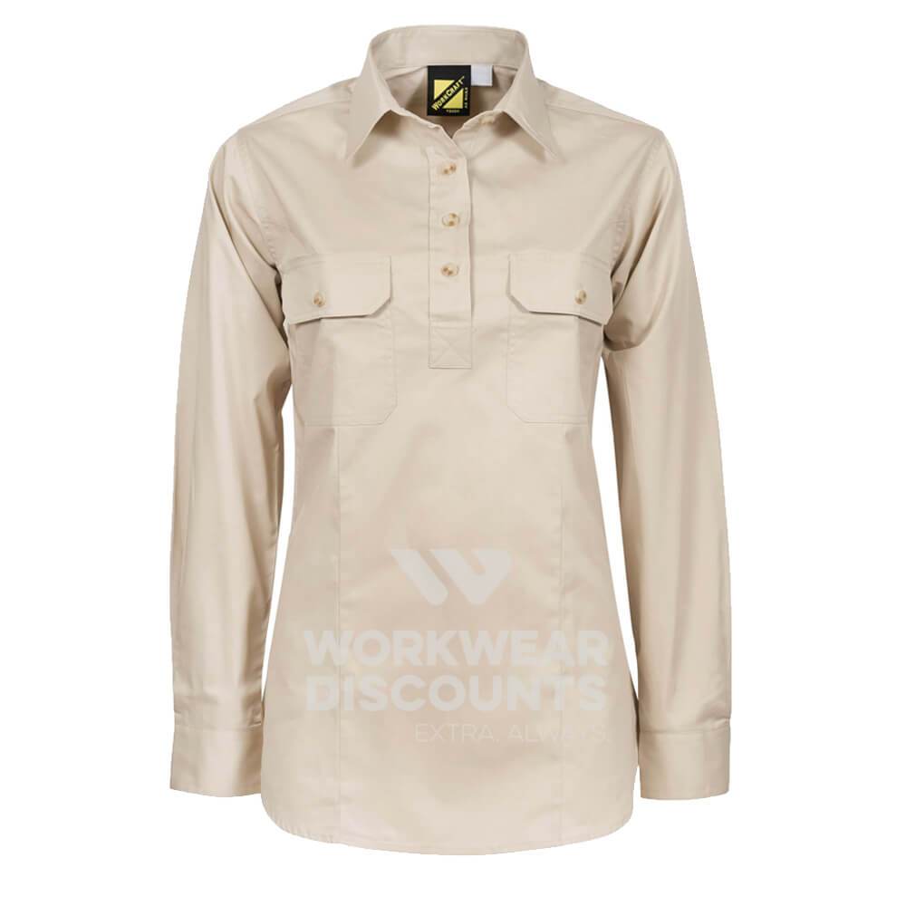 WorkCraft WSL505 Ladies Lightweight Half Placket Cotton Drill Shirt Long Sleeve Cream Front