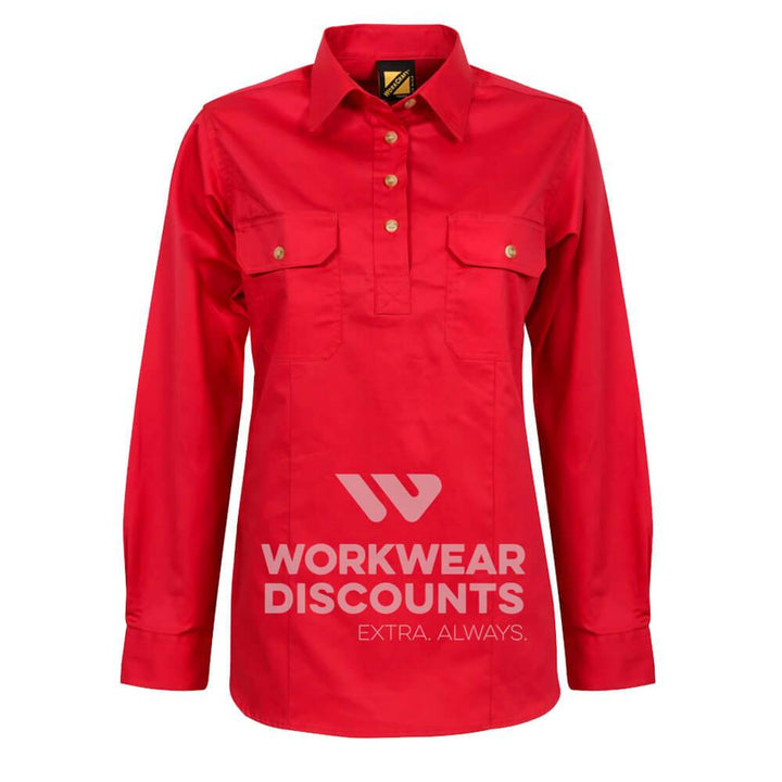 WorkCraft WSL505 Ladies Lightweight Half Placket Cotton Drill Shirt Long Sleeve Crimson Front