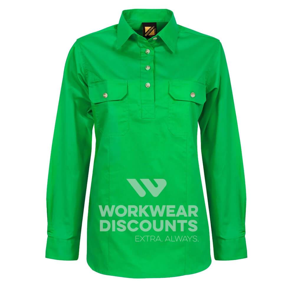 WorkCraft WSL505 Ladies Lightweight Half Placket Cotton Drill Shirt Long Sleeve Green Front