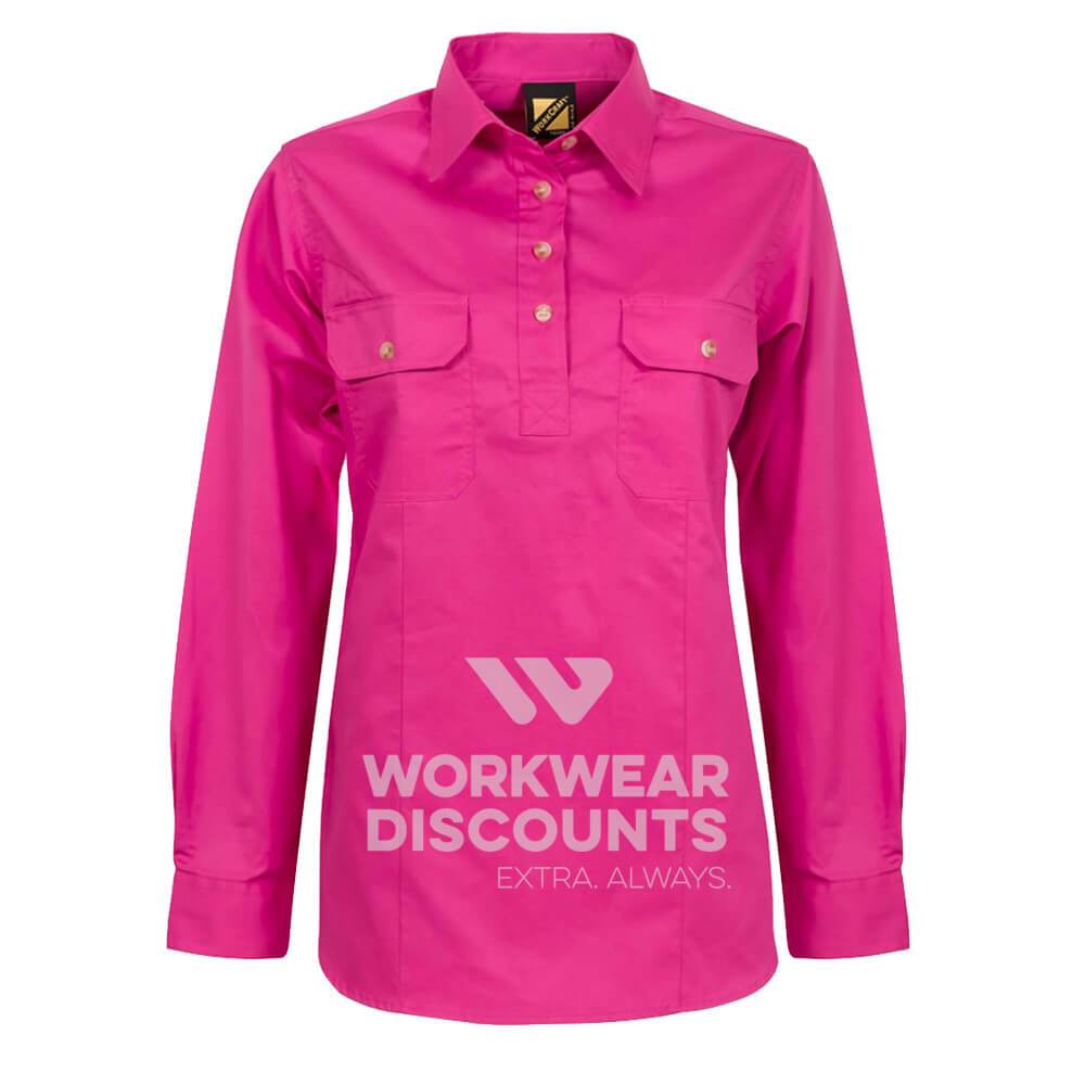 WorkCraft WSL505 Ladies Lightweight Half Placket Cotton Drill Shirt Long Sleeve Pink Front
